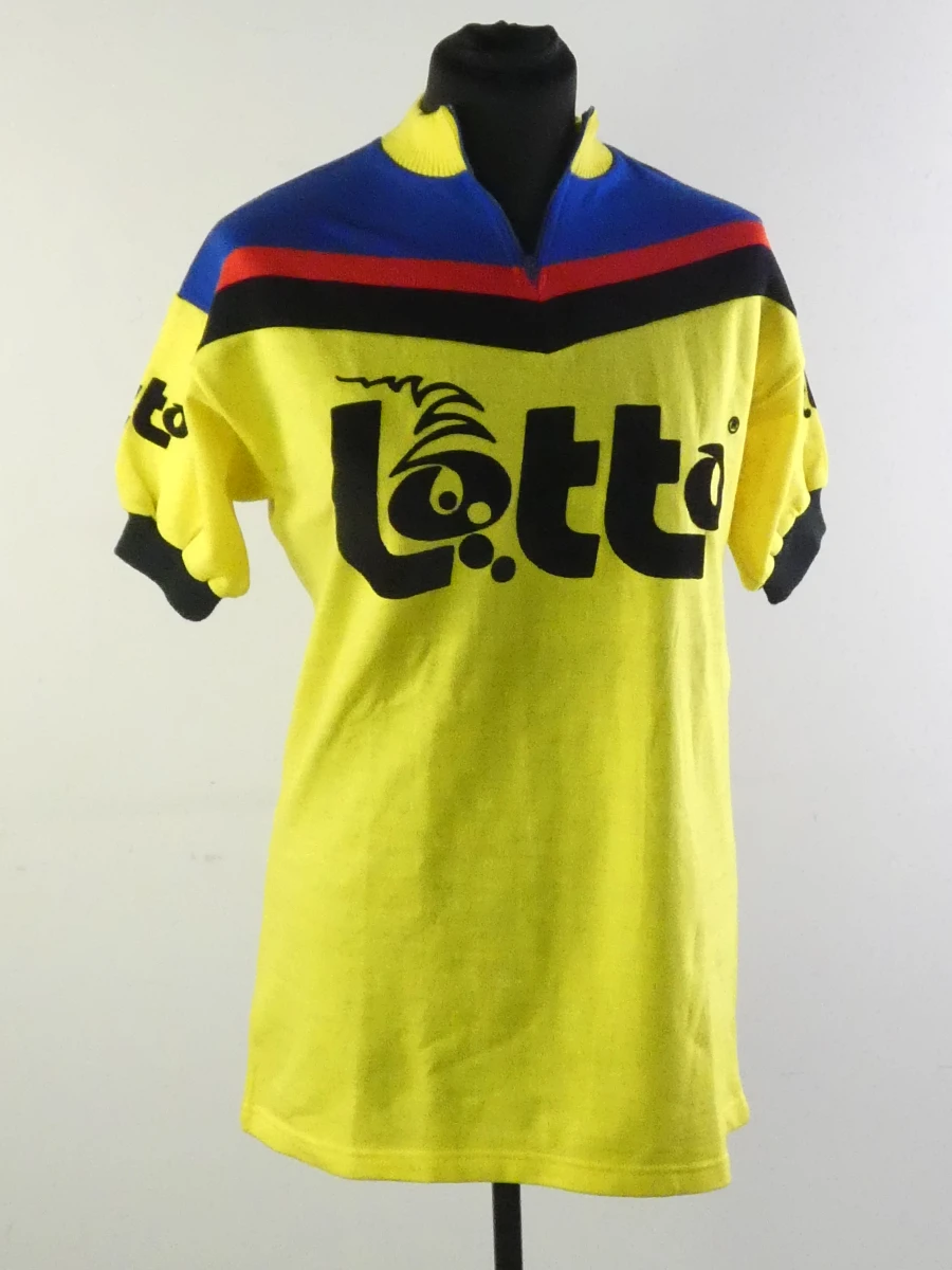 Vintage Lotto wielertrui geel-blauw met rits(Maat: EL)