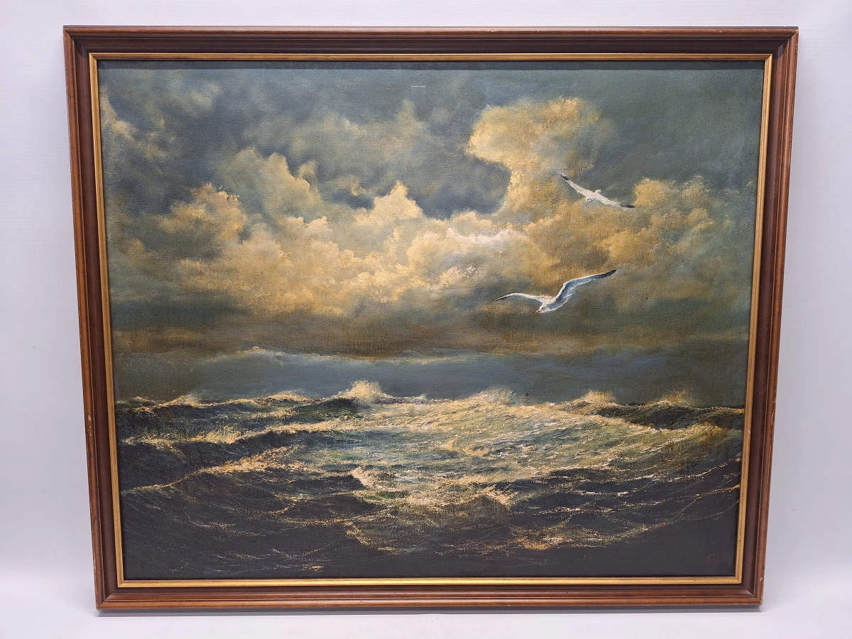 Dubbelzijdig maritiem olieverfschilderij - Stormachtige zee met meeuwen & schipbreukelingen