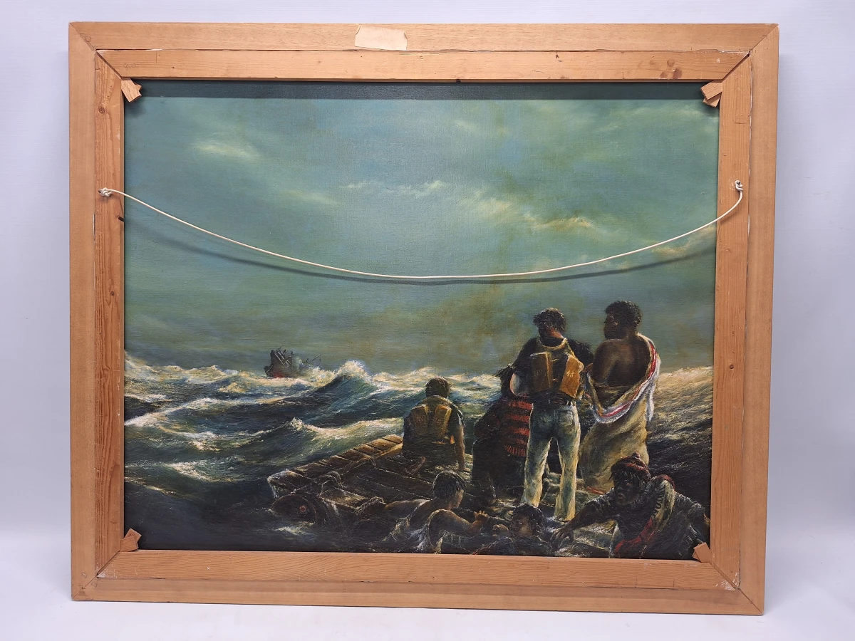 Dubbelzijdig maritiem olieverfschilderij - Stormachtige zee met meeuwen & schipbreukelingen