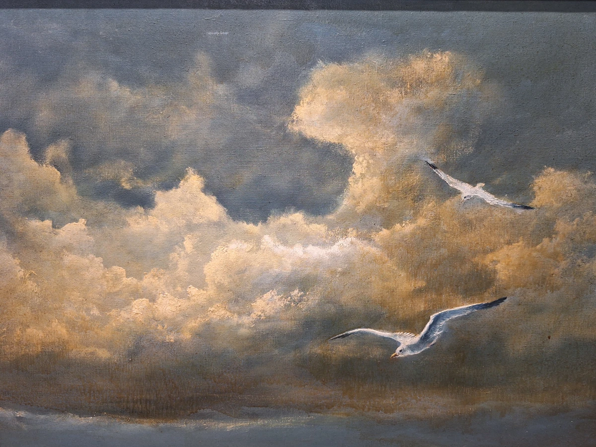 Dubbelzijdig maritiem olieverfschilderij - Stormachtige zee met meeuwen & schipbreukelingen