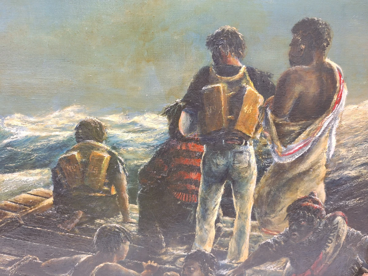 Dubbelzijdig maritiem olieverfschilderij - Stormachtige zee met meeuwen & schipbreukelingen