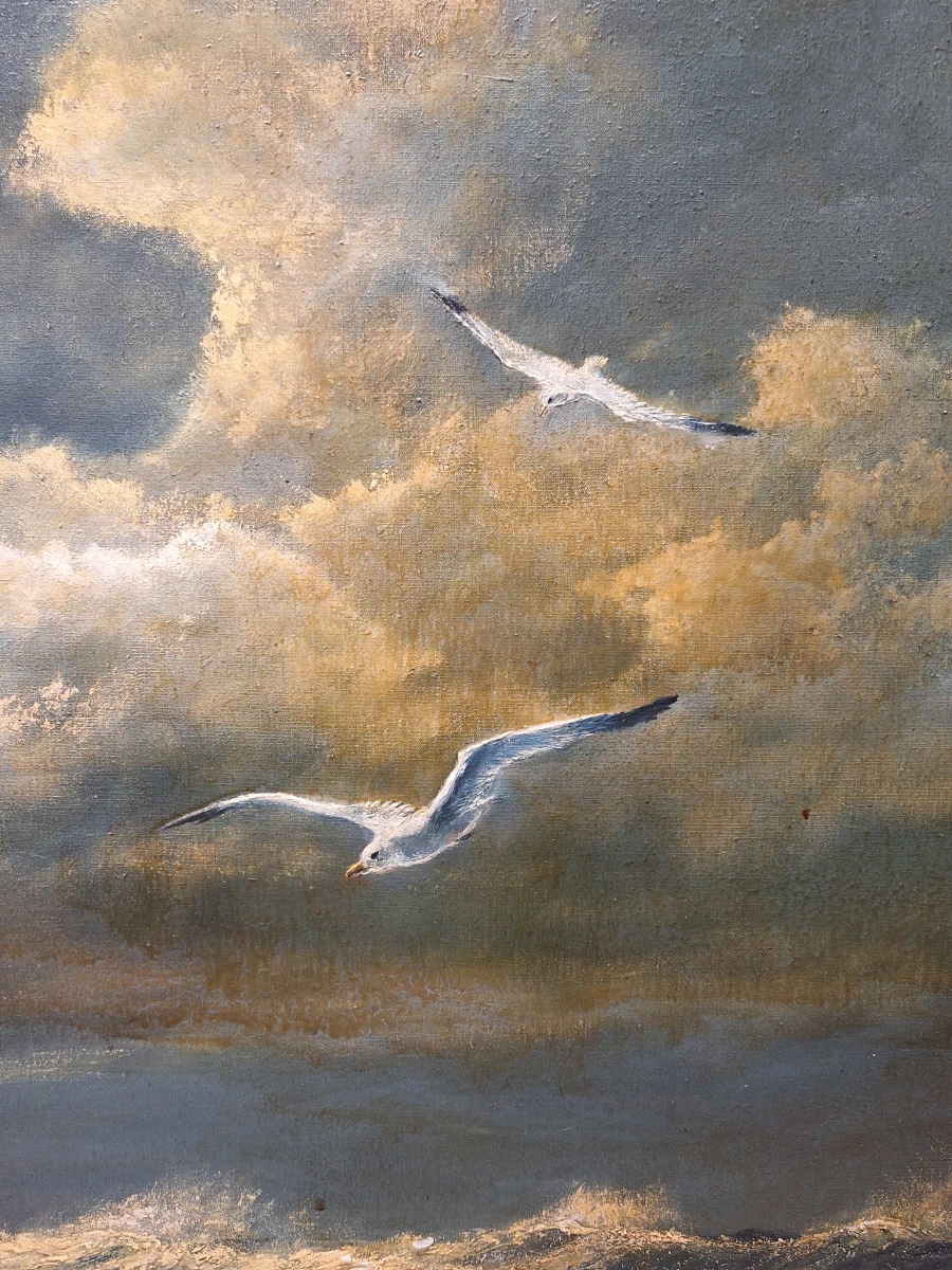Dubbelzijdig maritiem olieverfschilderij - Stormachtige zee met meeuwen & schipbreukelingen
