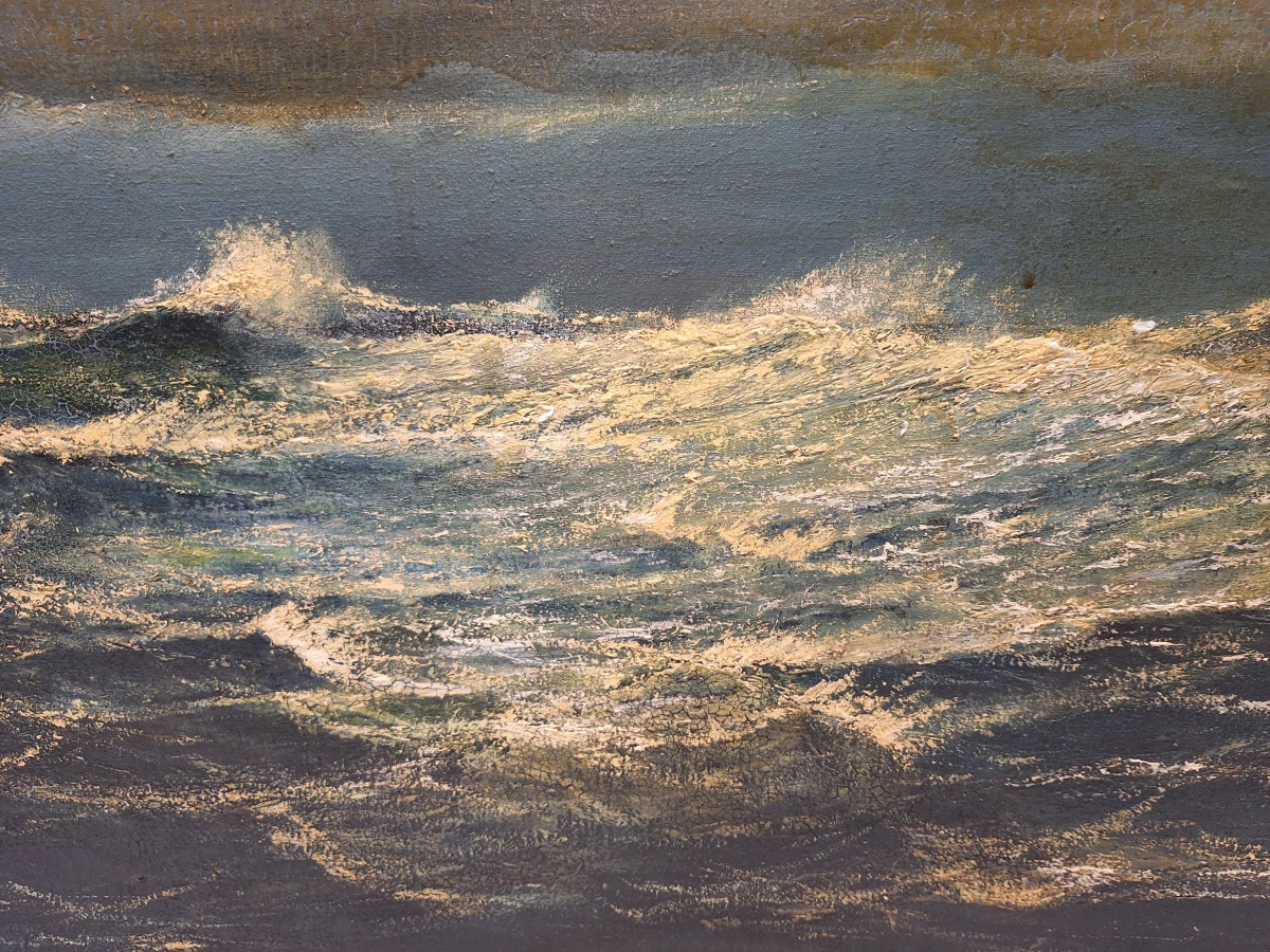 Dubbelzijdig maritiem olieverfschilderij - Stormachtige zee met meeuwen & schipbreukelingen