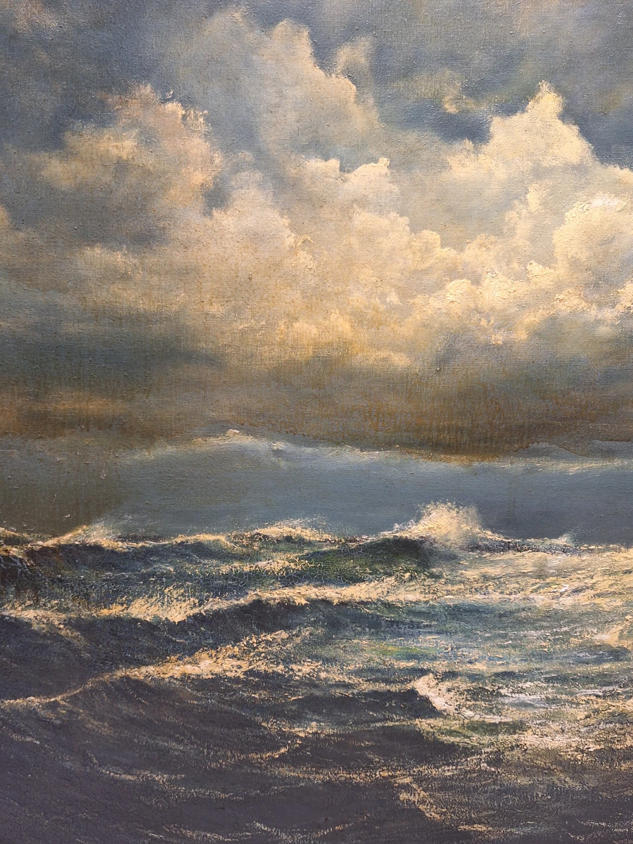 Dubbelzijdig maritiem olieverfschilderij - Stormachtige zee met meeuwen & schipbreukelingen