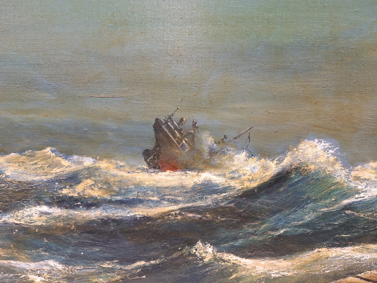 Dubbelzijdig maritiem olieverfschilderij - Stormachtige zee met meeuwen & schipbreukelingen