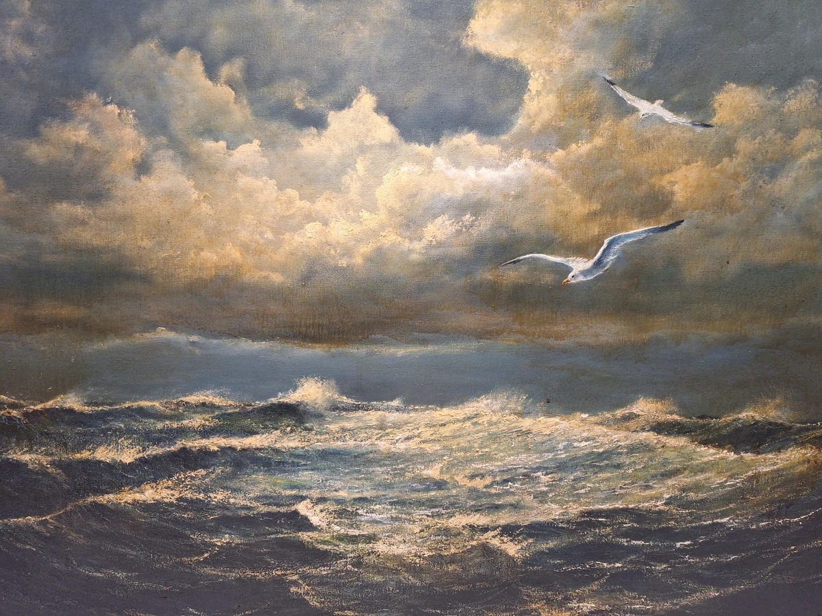 Dubbelzijdig maritiem olieverfschilderij - Stormachtige zee met meeuwen & schipbreukelingen