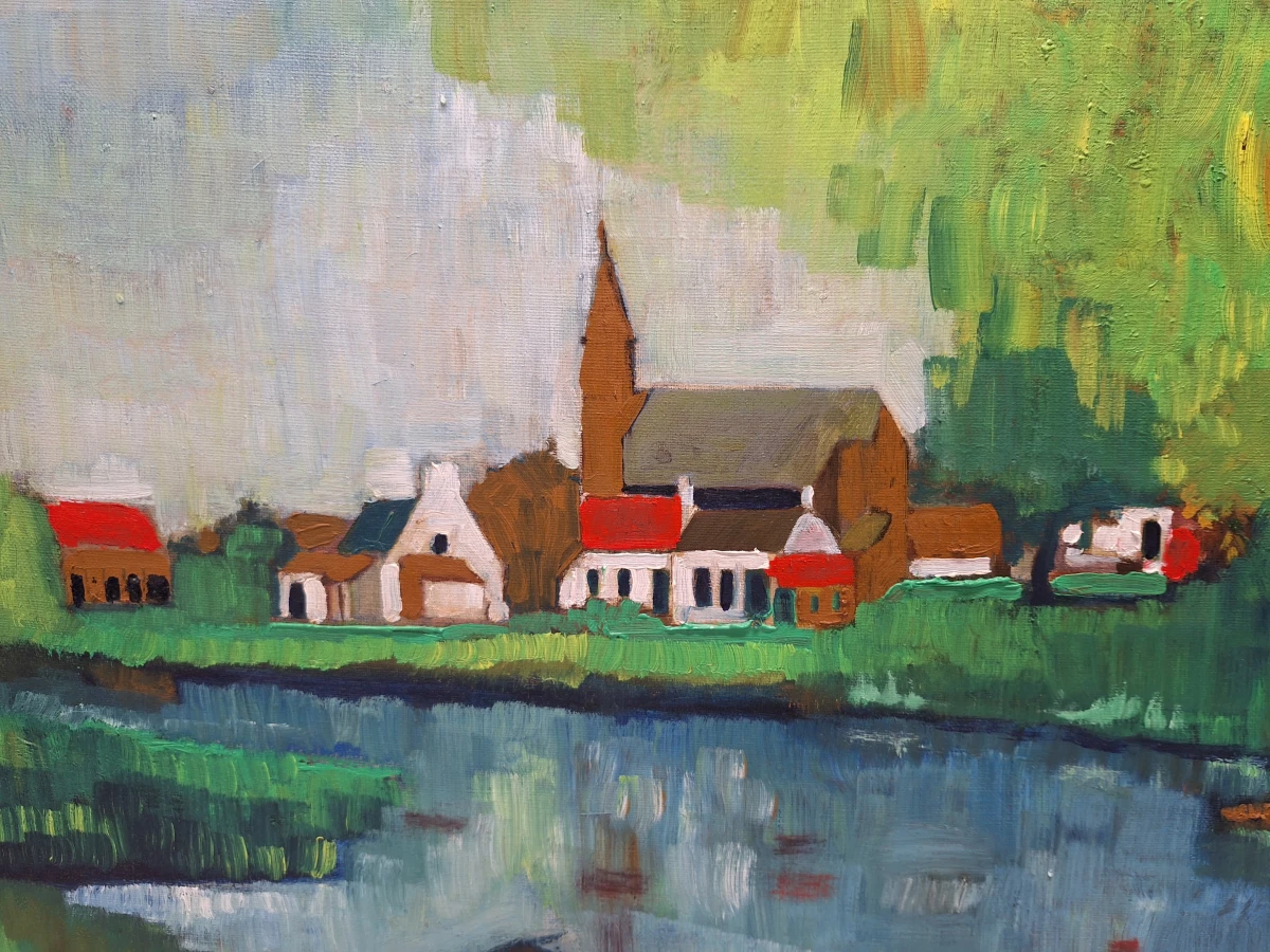 Olieverf op doek - Expressionistisch Vlaams dorpsgezicht aan het water