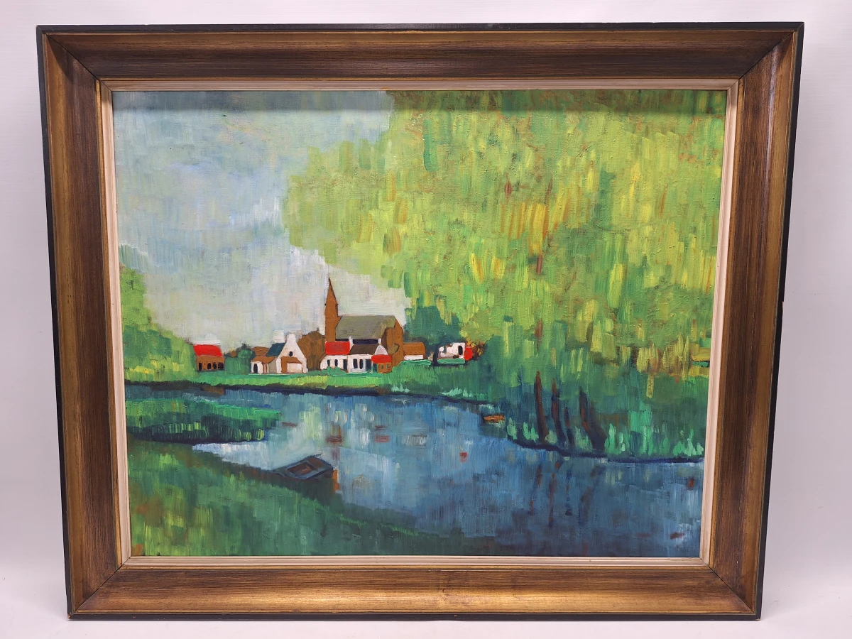 Olieverf op doek - Expressionistisch Vlaams dorpsgezicht aan het water