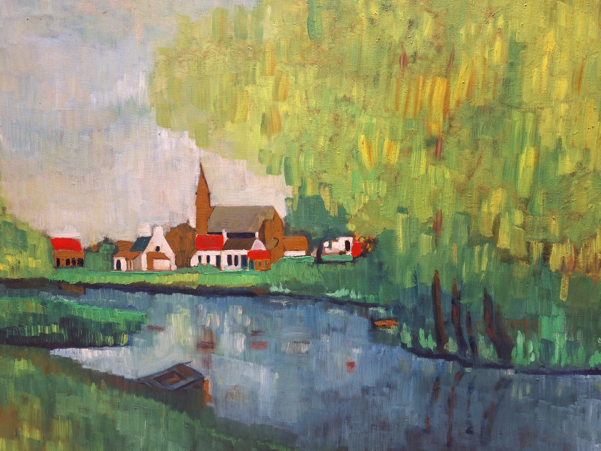 Olieverf op doek - Expressionistisch Vlaams dorpsgezicht aan het water