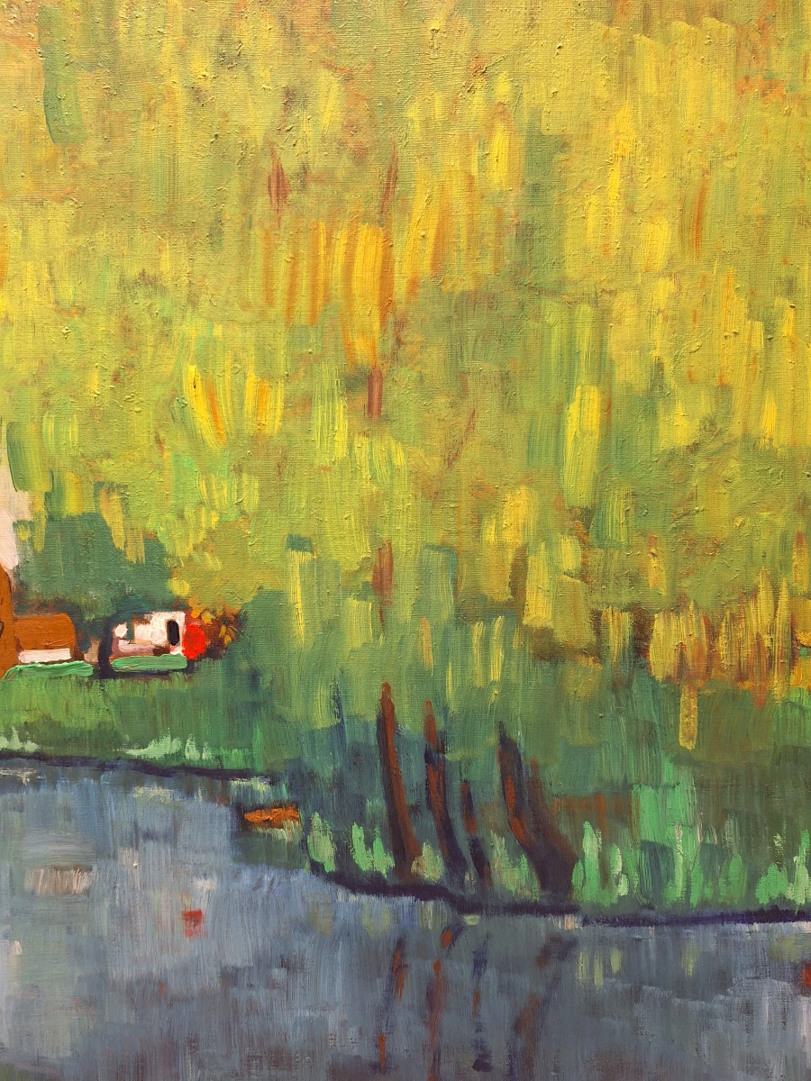 Olieverf op doek - Expressionistisch Vlaams dorpsgezicht aan het water