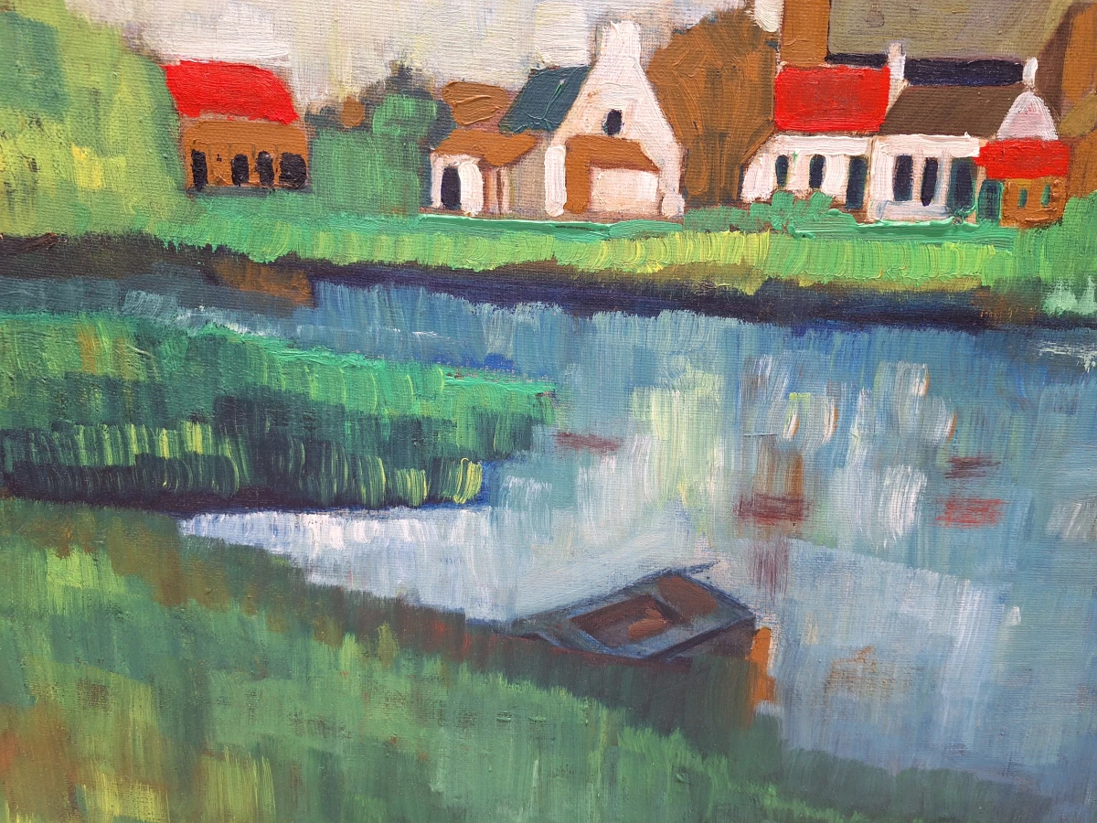 Olieverf op doek - Expressionistisch Vlaams dorpsgezicht aan het water