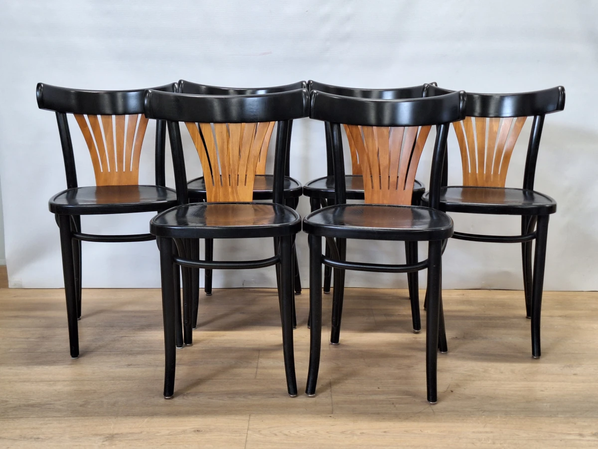 Unieke Set van 6 Vintage Thonet-Stijl Eetkamerstoelen