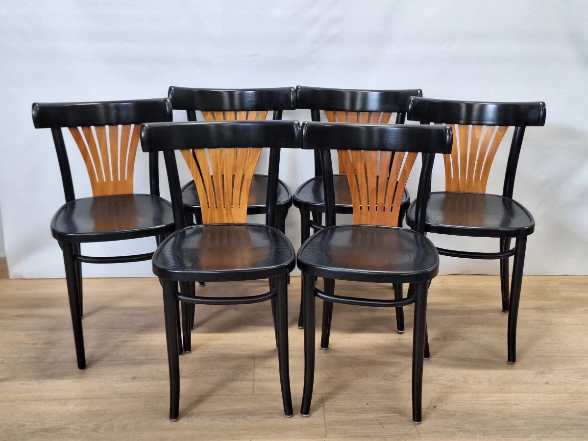 Unieke Set van 6 Vintage Thonet-Stijl Eetkamerstoelen