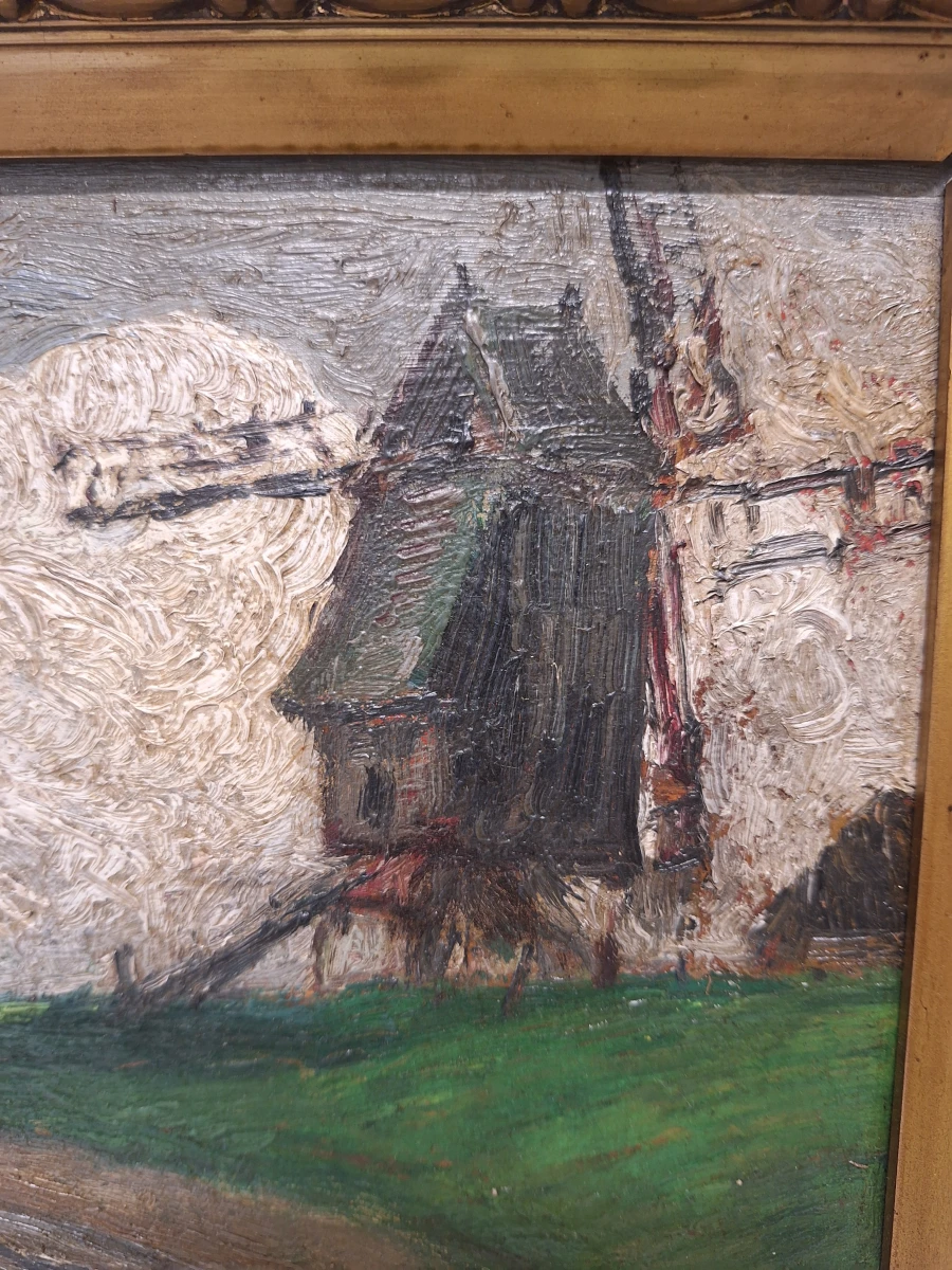 Impressionistisch molenlandschap - Olieverfschilderij met windmolen in sierlijke vergulde lijst