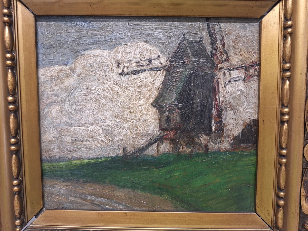 Impressionistisch molenlandschap - Olieverfschilderij met windmolen in sierlijke vergulde lijst