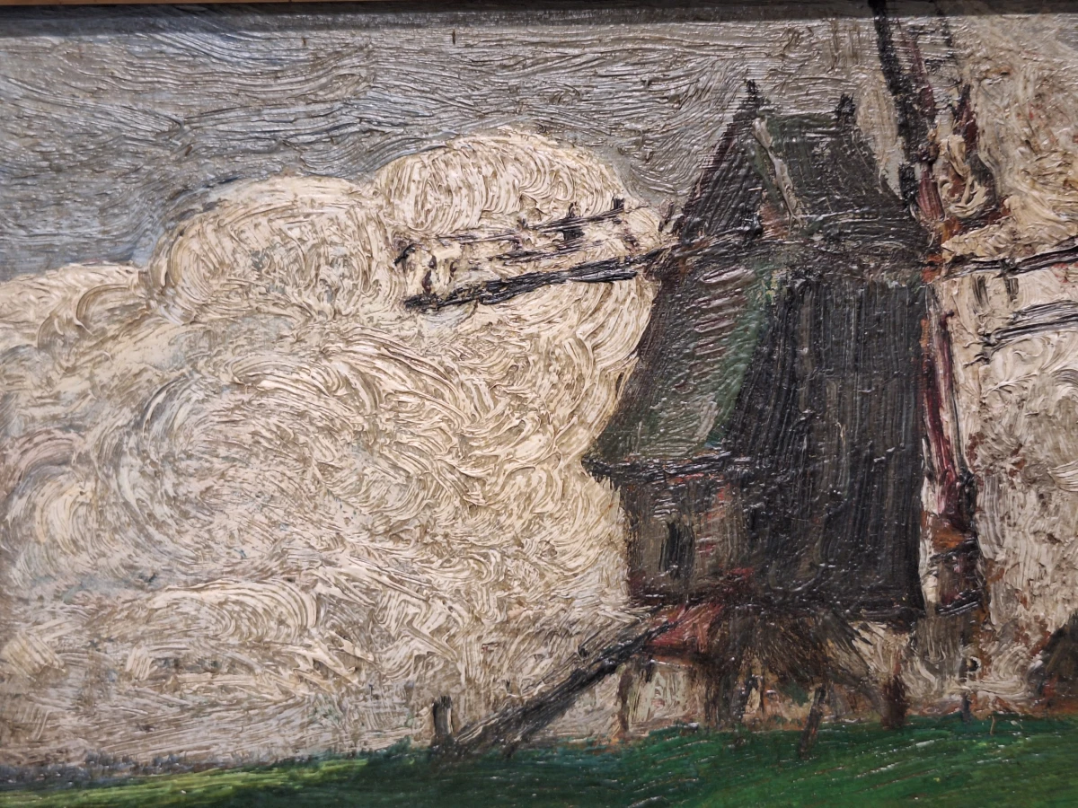 Impressionistisch molenlandschap - Olieverfschilderij met windmolen in sierlijke vergulde lijst