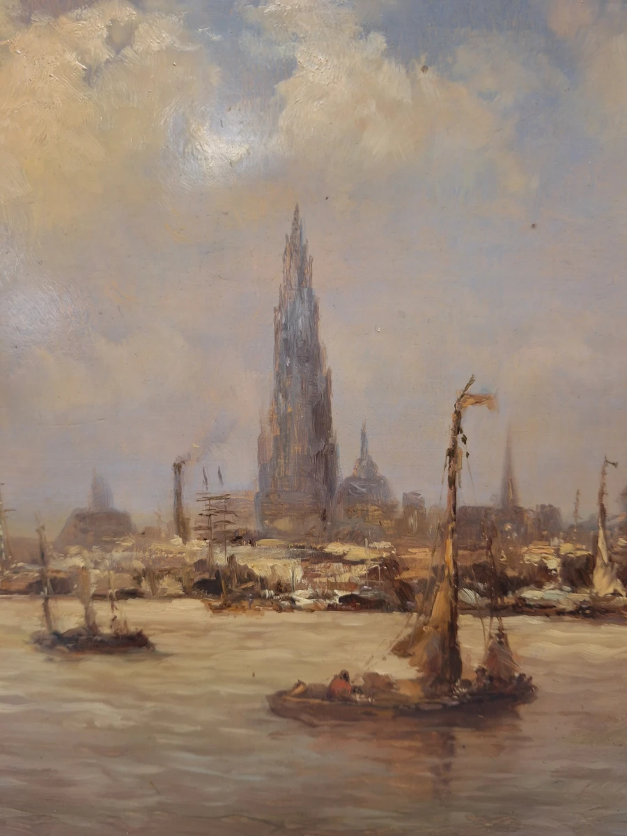 Antwerps havengezicht met zeilschepen - Olieverfschilderij op paneel