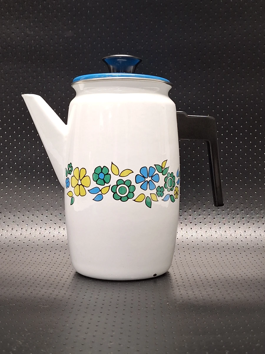 Vintage geëmailleerde koffie- en theepot met bloemen - Jaren '60/'70