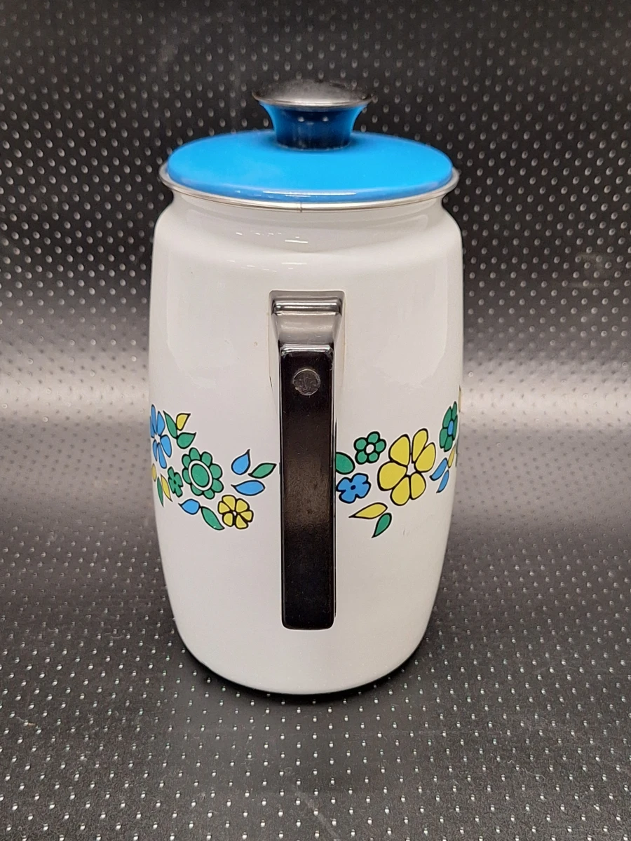 Vintage geëmailleerde koffie- en theepot met bloemen - Jaren '60/'70