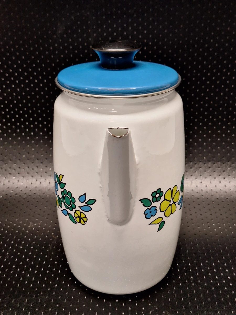 Vintage geëmailleerde koffie- en theepot met bloemen - Jaren '60/'70