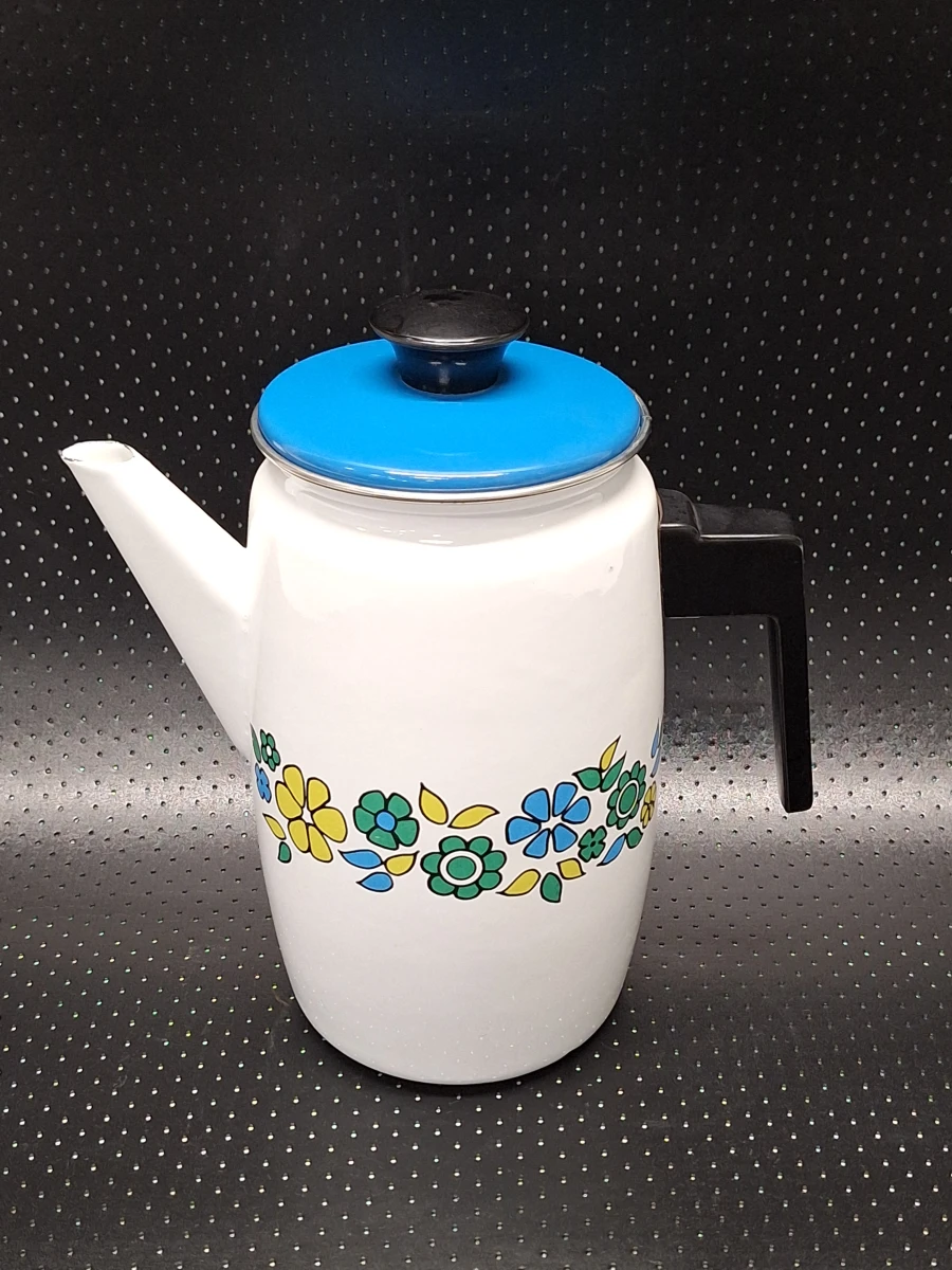 Vintage geëmailleerde koffie- en theepot met bloemen - Jaren '60/'70