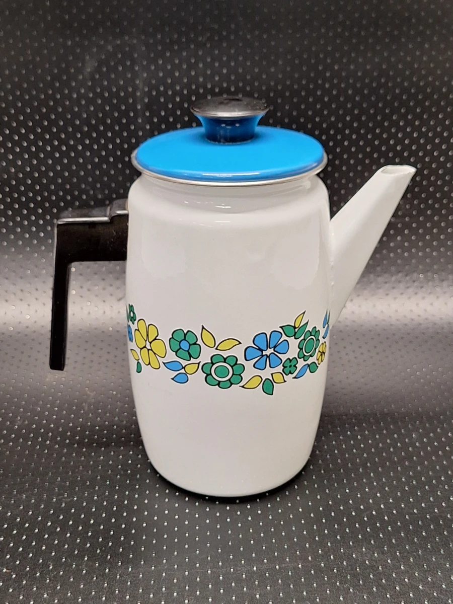 Vintage geëmailleerde koffie- en theepot met bloemen - Jaren '60/'70