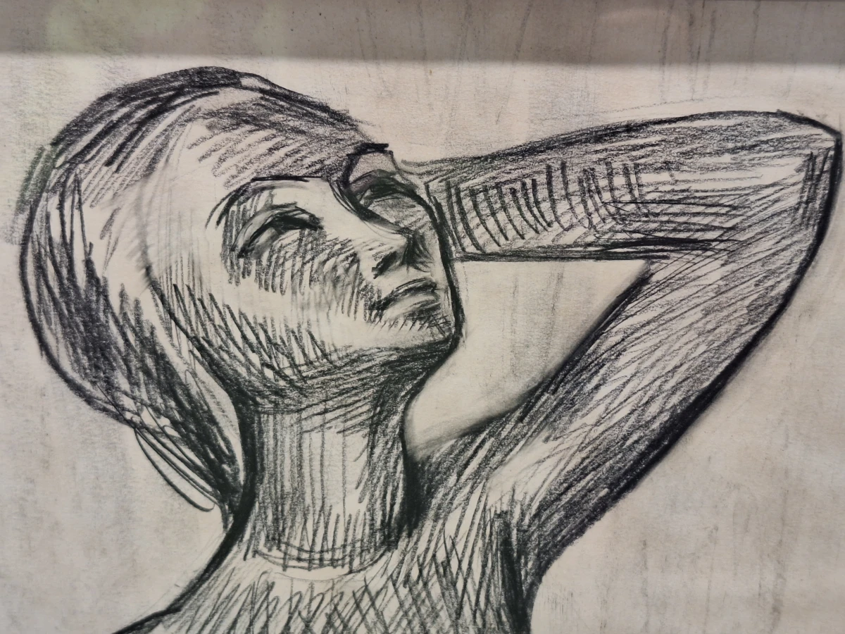 Expressieve houtskooltekening van een staand vrouwelijk naakt - Firmin De Vos