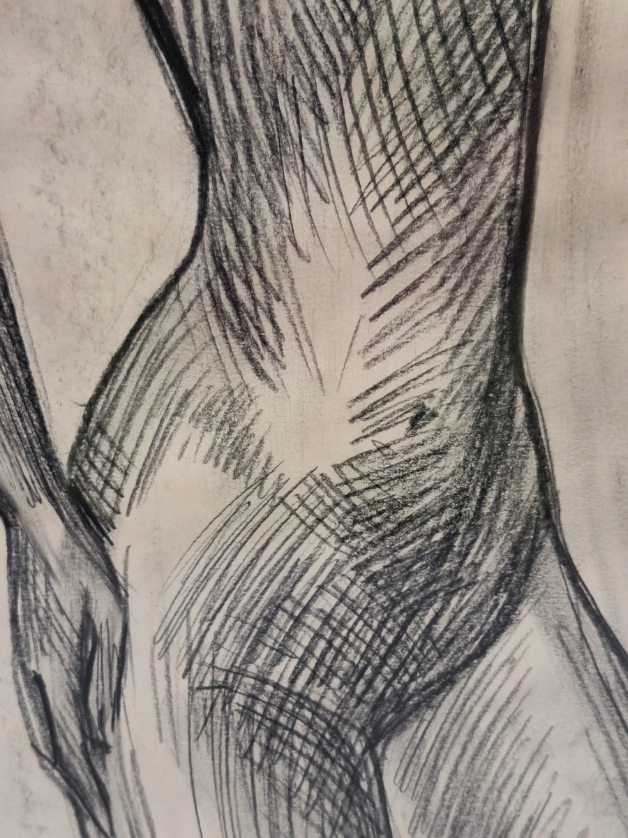 Expressieve houtskooltekening van een staand vrouwelijk naakt - Firmin De Vos