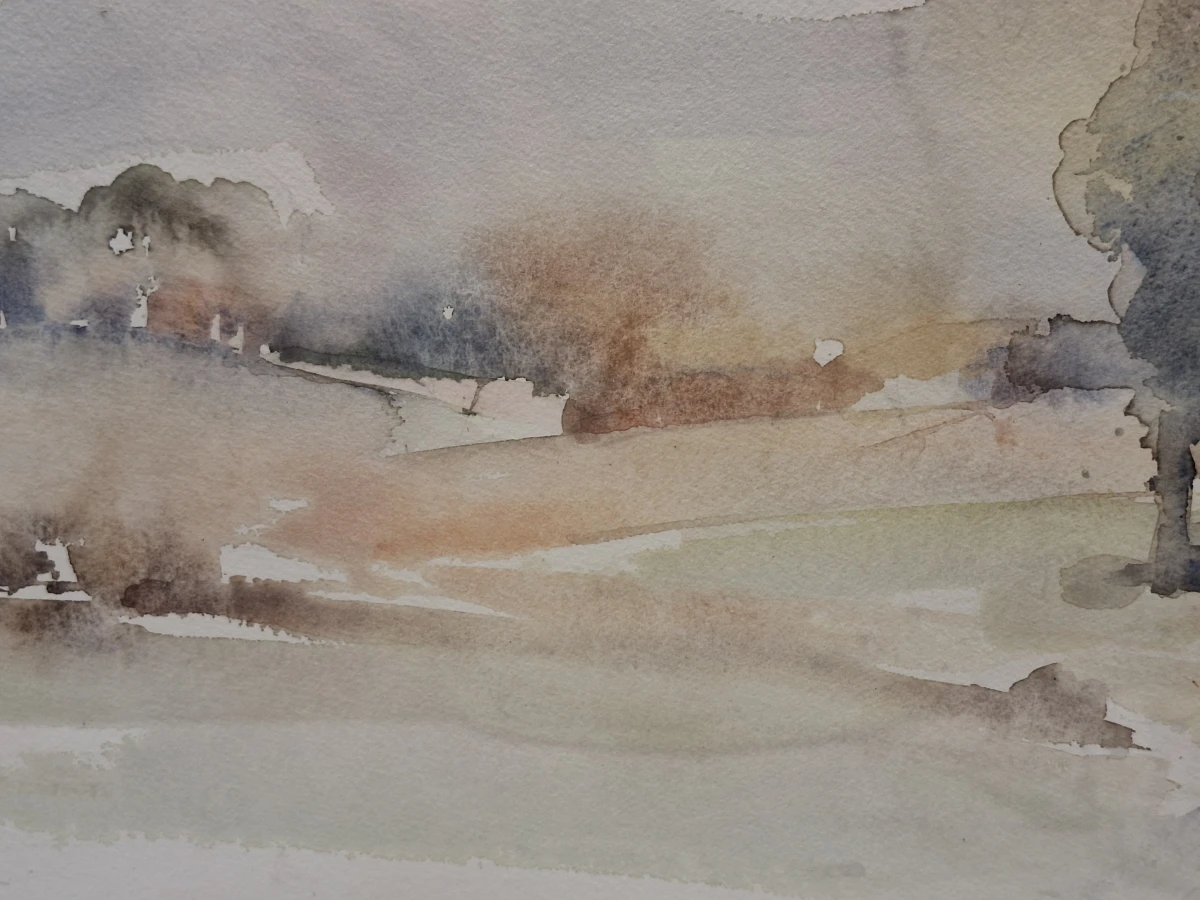 Sfeervolle aquarel met landelijk landschap - Mieke De Greef