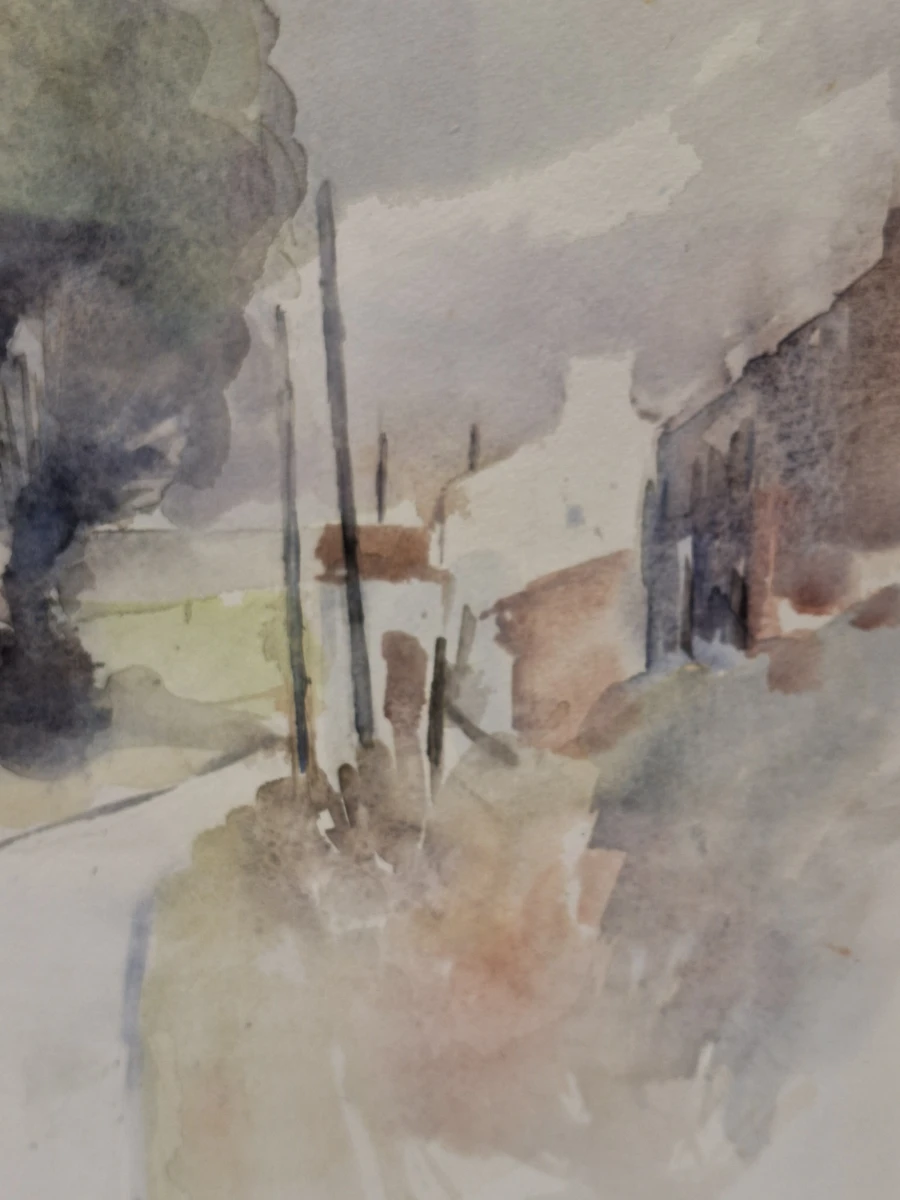Sfeervolle aquarel met landelijk landschap - Mieke De Greef