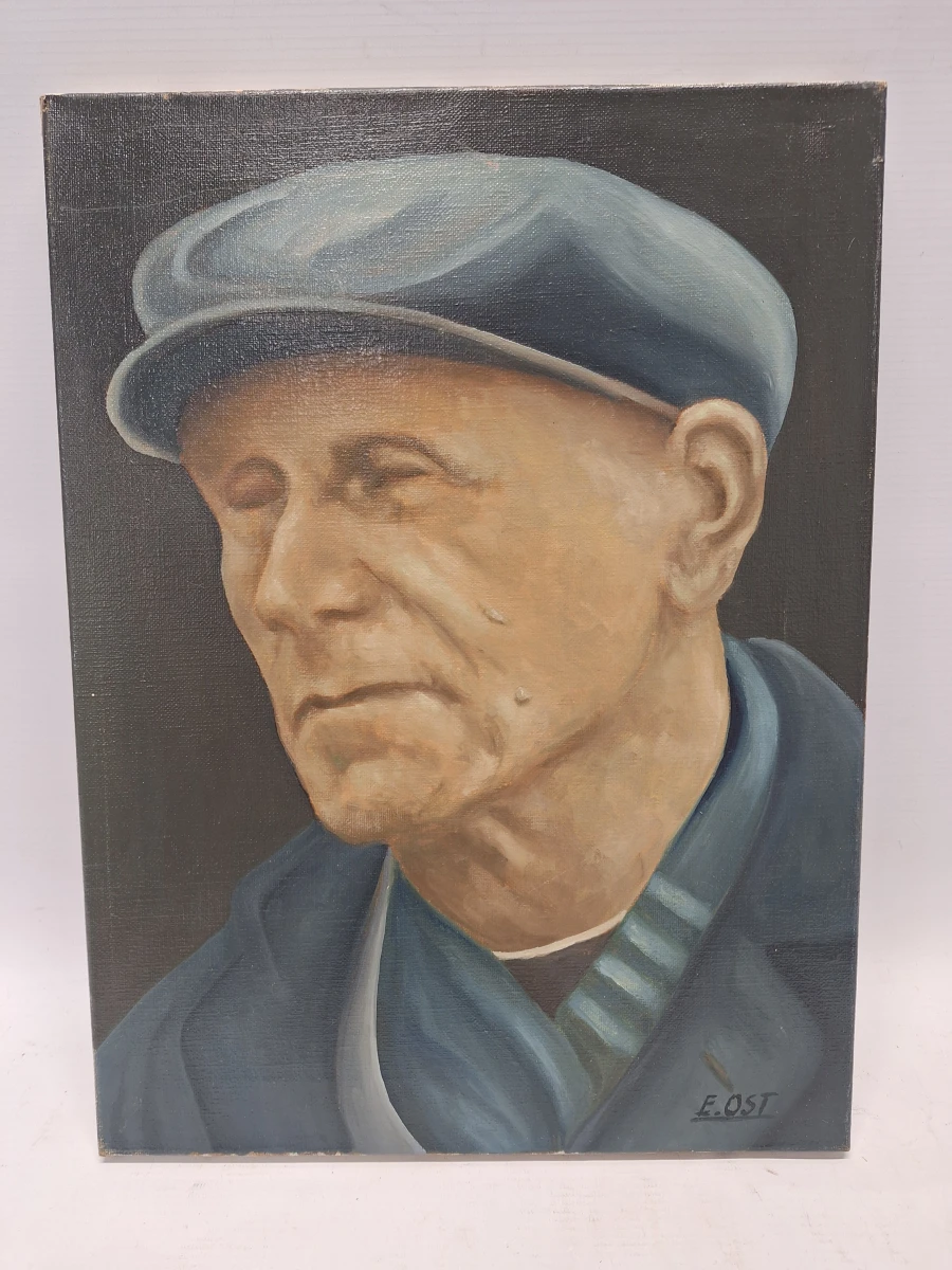 Realistisch portret van een oudere man - olieverfschilderij, gesigneerd E. OST