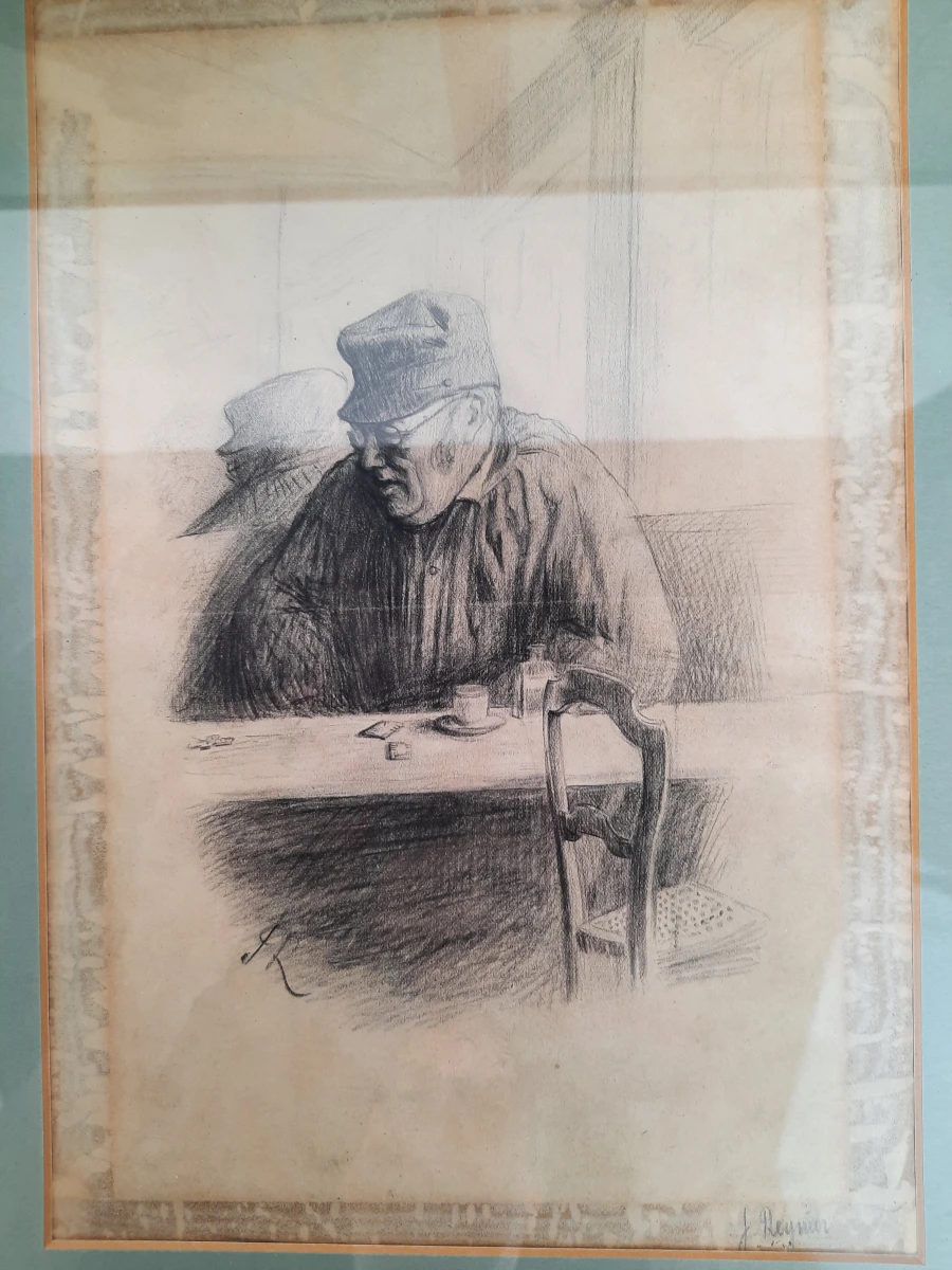 Set van 3 Vintage Litho's Jean Reynier – Nostalgische Caféscènes – In Lijst