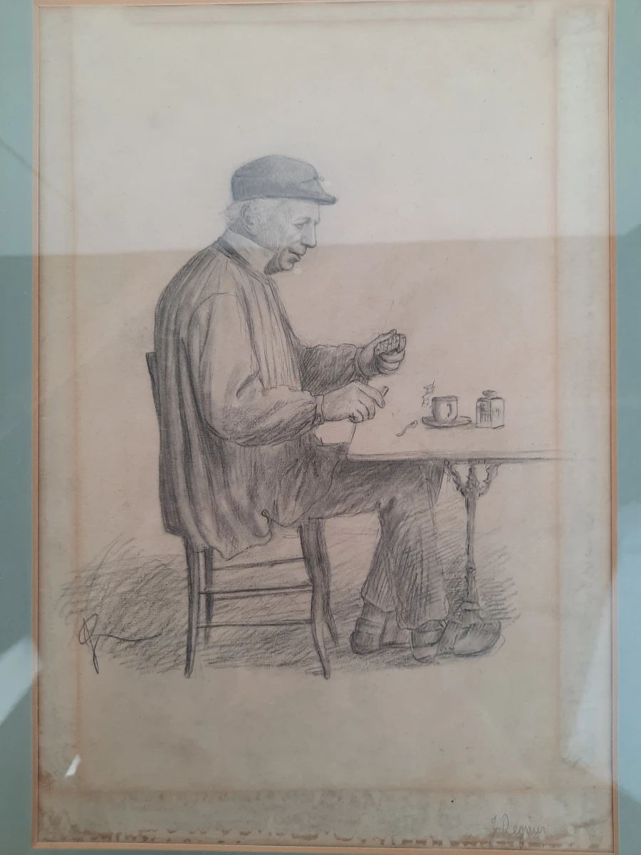 Set van 3 Vintage Litho's Jean Reynier – Nostalgische Caféscènes – In Lijst