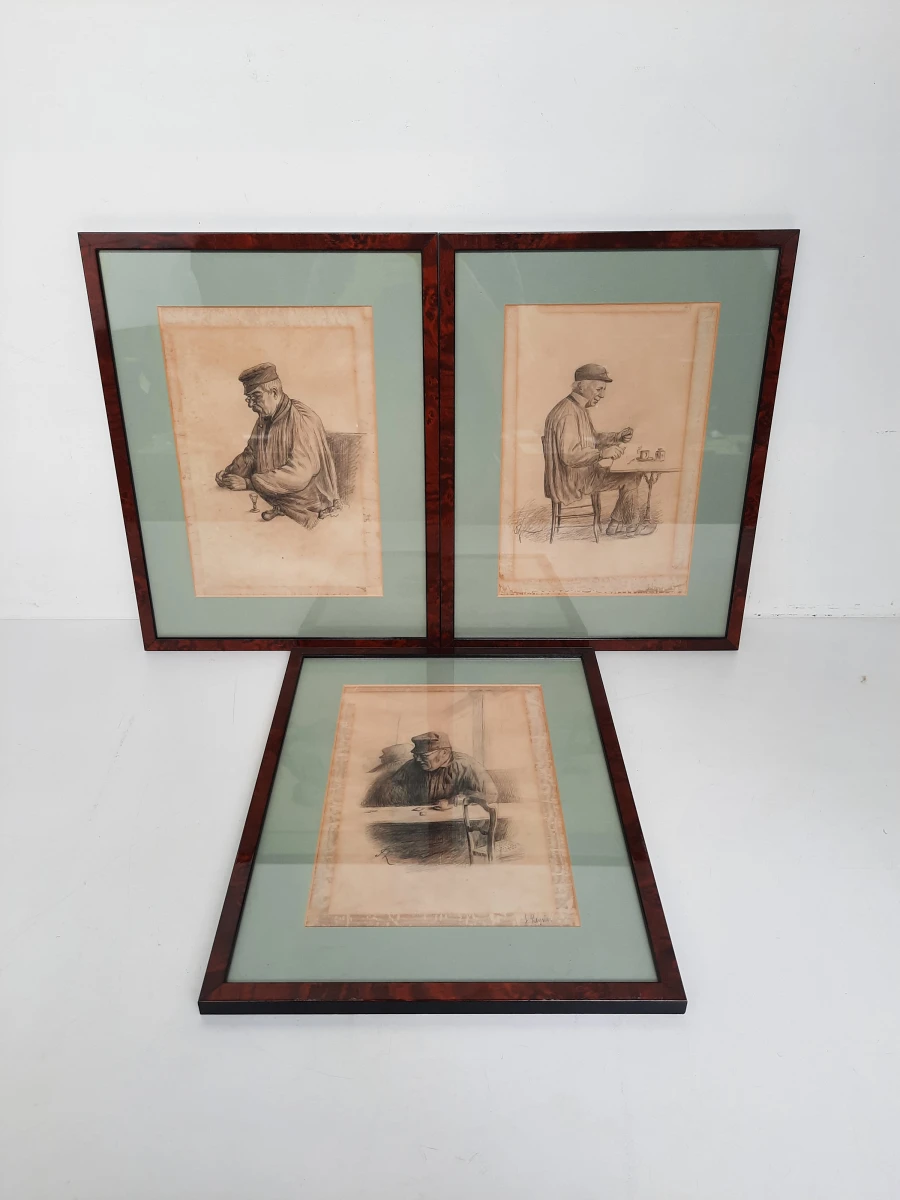 Set van 3 Vintage Litho's Jean Reynier – Nostalgische Caféscènes – In Lijst