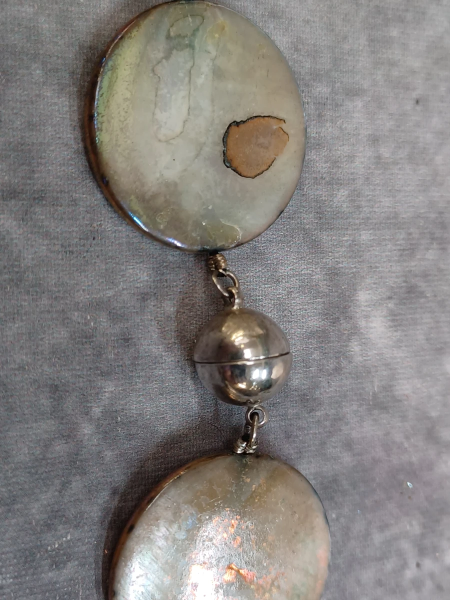 Vintage set Pauaschelp sieraden met zilveren ketting