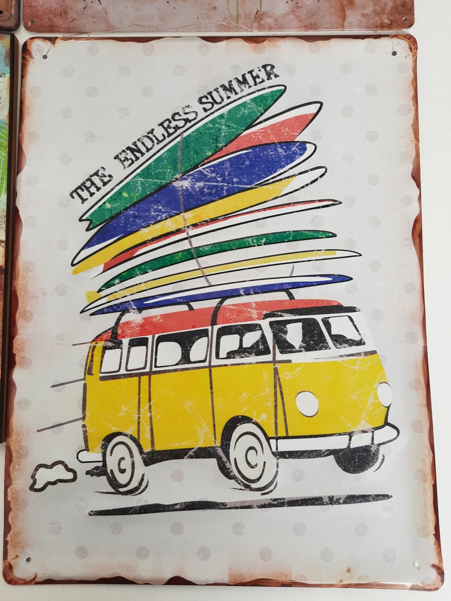 6-Delige Volkswagen T1 Bus Decoratieset – Metalen Borden, Spiegel & Hout – Retro