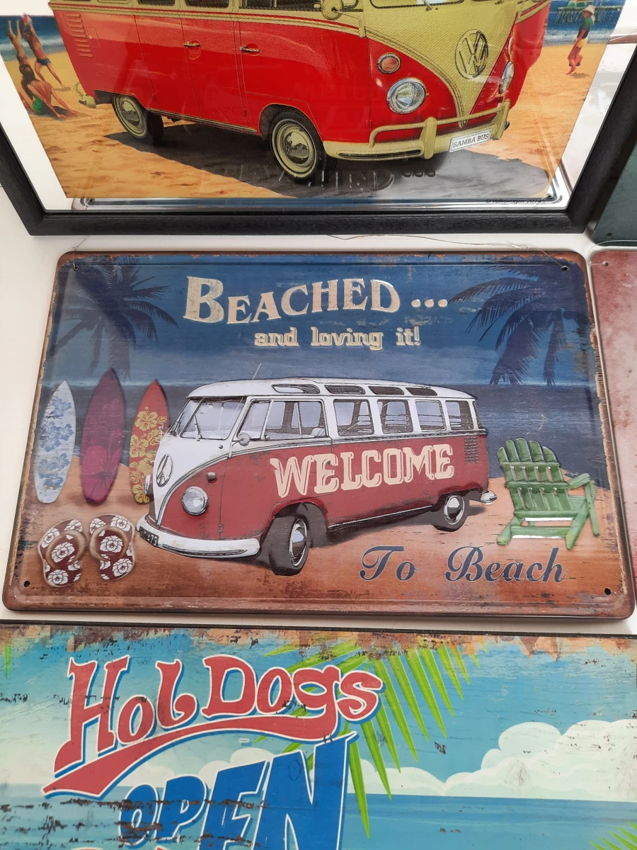 6-Delige Volkswagen T1 Bus Decoratieset – Metalen Borden, Spiegel & Hout – Retro