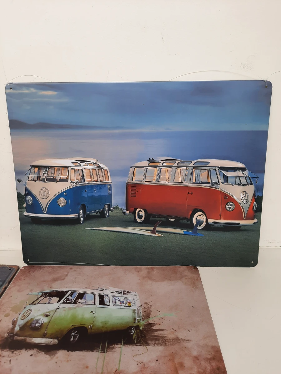 6-Delige Volkswagen T1 Bus Decoratieset – Metalen Borden, Spiegel & Hout – Retro