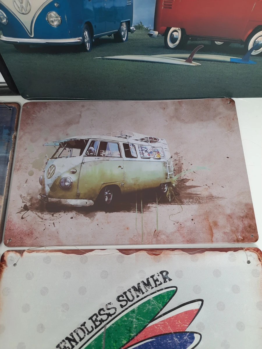 6-Delige Volkswagen T1 Bus Decoratieset – Metalen Borden, Spiegel & Hout – Retro