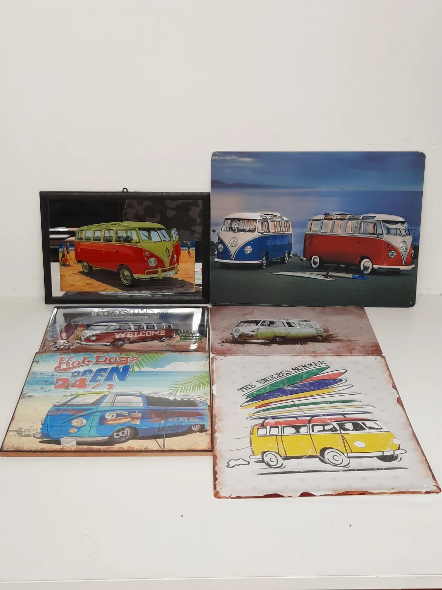 6-Delige Volkswagen T1 Bus Decoratieset – Metalen Borden, Spiegel & Hout – Retro