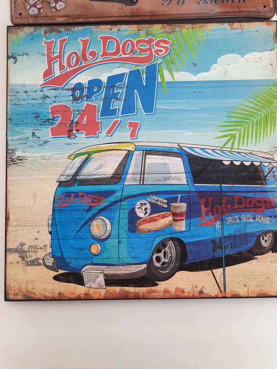 6-Delige Volkswagen T1 Bus Decoratieset – Metalen Borden, Spiegel & Hout – Retro