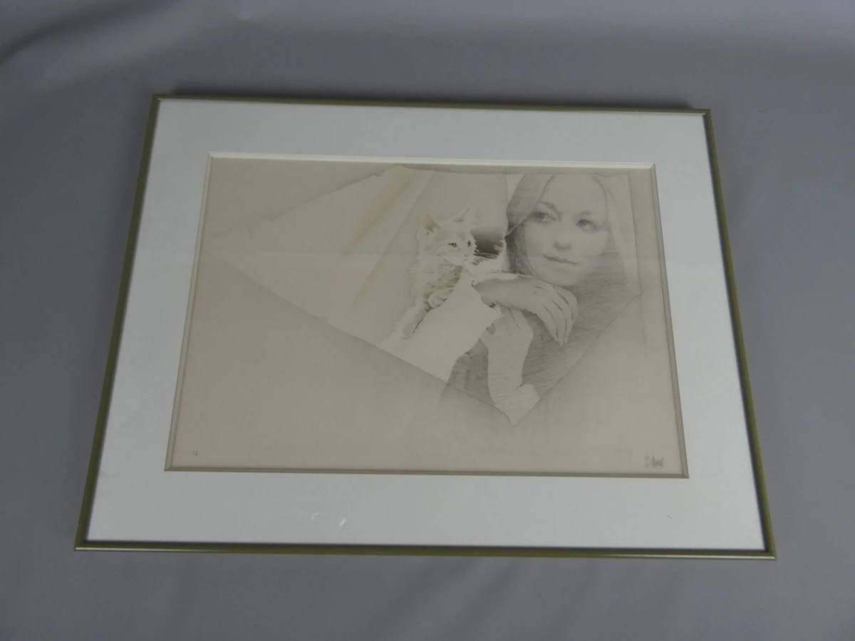 Ingelijste lithografie van Pol Mara - "Vrouw met poes"