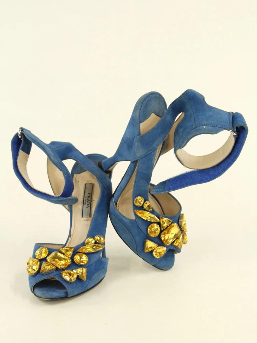 Prada Milano - blauwe suède hoge hakken met gele sierstenen