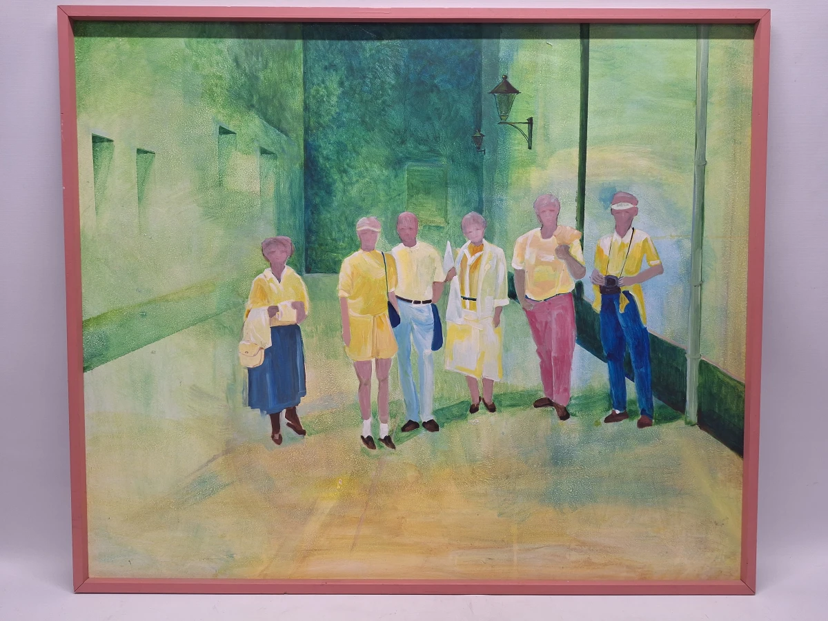 Groot figuratief schilderij - Verstilde straatscène met zes figuren