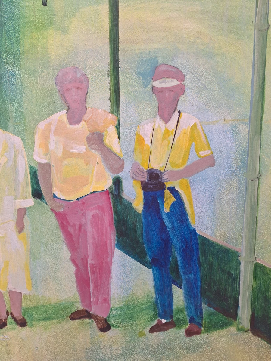 Groot figuratief schilderij - Verstilde straatscène met zes figuren