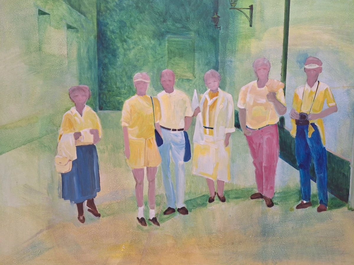 Groot figuratief schilderij - Verstilde straatscène met zes figuren
