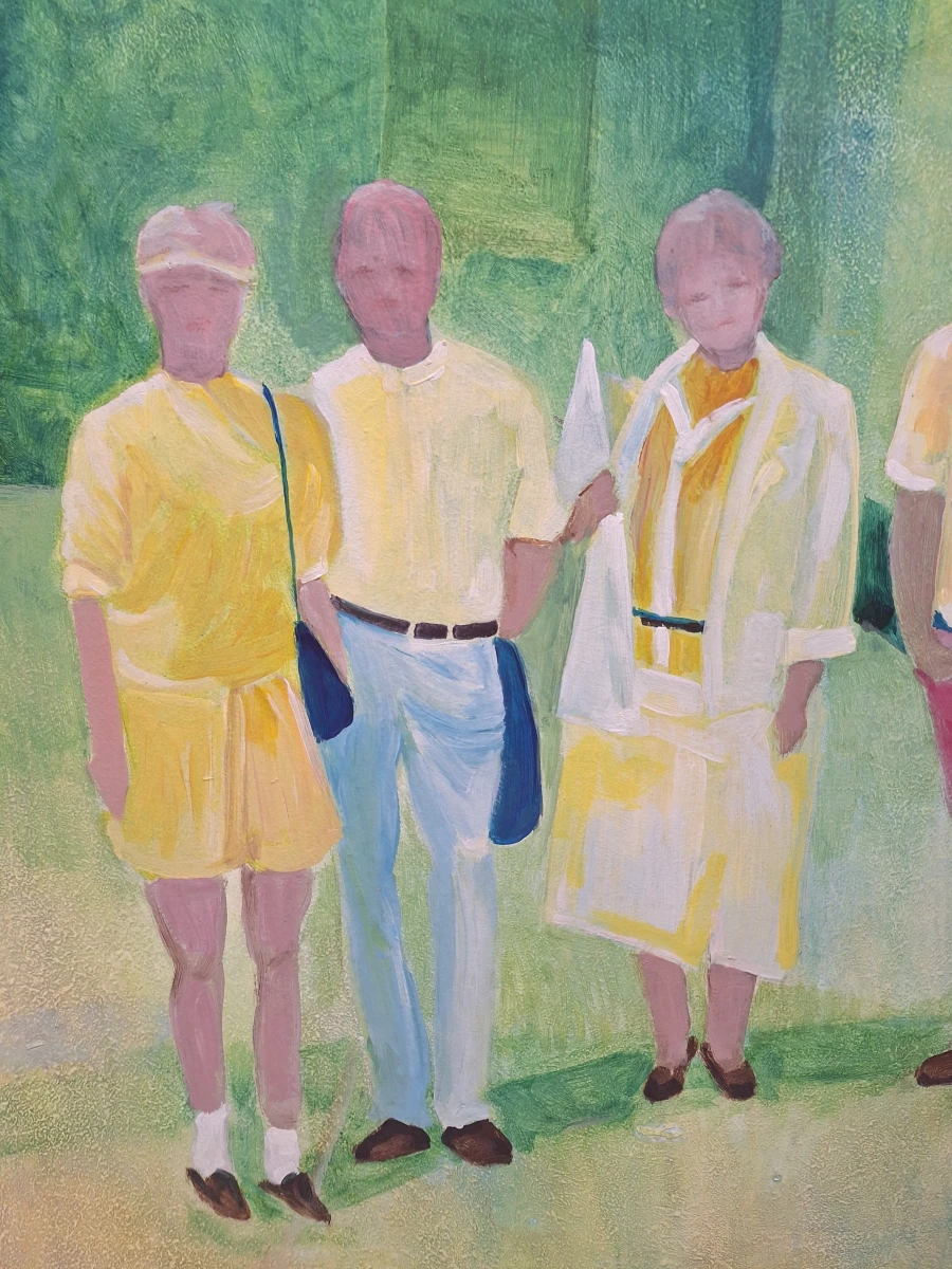 Groot figuratief schilderij - Verstilde straatscène met zes figuren
