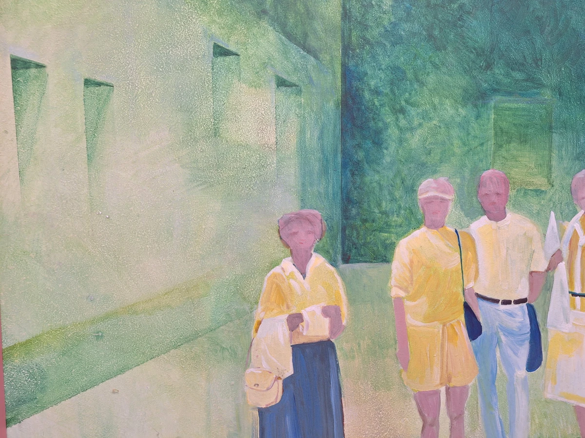 Groot figuratief schilderij - Verstilde straatscène met zes figuren
