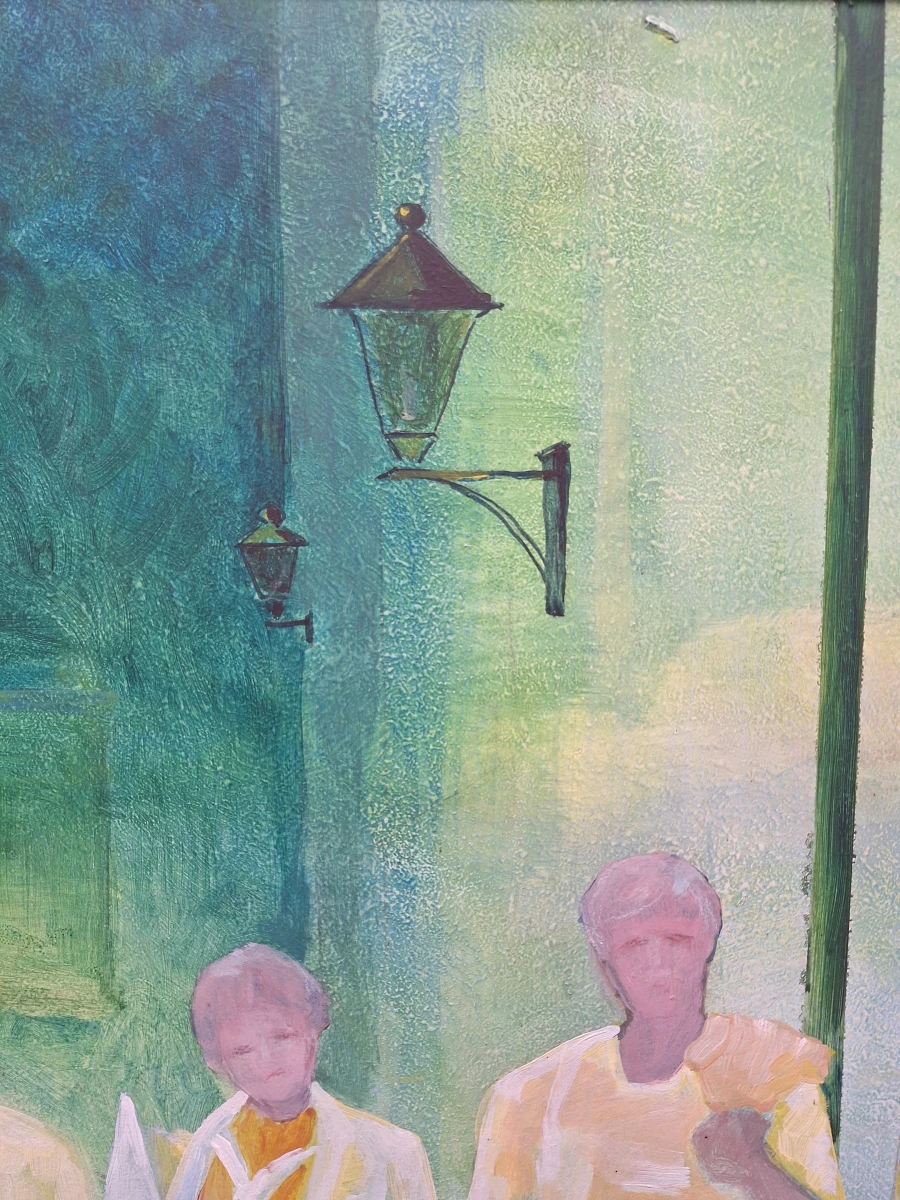 Groot figuratief schilderij - Verstilde straatscène met zes figuren