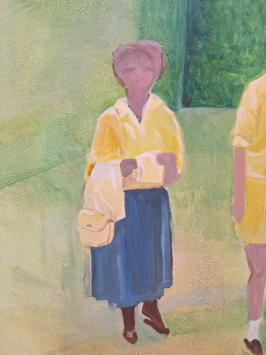 Groot figuratief schilderij - Verstilde straatscène met zes figuren